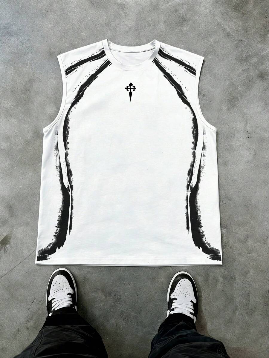 Glimmora Men's Cross Print Loose Fit Casual Tank Top - Multicolor - View 1