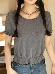 DAZY Women's Casual Round Neck Striped T-Shirt, Suitable For Spring And Summer - Grey - View 9