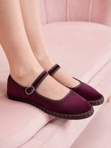 CUCCOO DOLLMOD Sepatu Flat Mary Jane Klasik Nyaman Berwarna Burgundy Velvet untuk Wanita, Sepatu Musim Semi yang Elegan & Modis - Burgundy / Coklat - View 2
