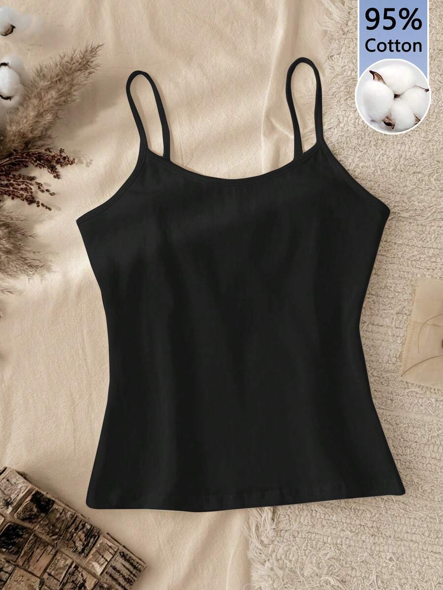 Tseoso 1pc Women's Black Cotton Camisole, Versatile For Summer Spring