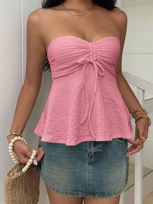 SHEIN EZwear Pink Knitted Tie-Up Bandeau Top For Women Pink Bandeau Top Summer Pink Top Pink Bow Top Strapless Pink Top Ruched Bandeau Top - Pink - View 6