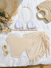 Sparklyn 少女杏色撞色荷叶边纹理面料蝴蝶结撞色粉色荷叶边蝴蝶结印花吊带背心、短裤、围裙三件套舒适泳装套装沙滩度假两件套比基尼带裙保守比基尼套装 - 米色 - 查看 2