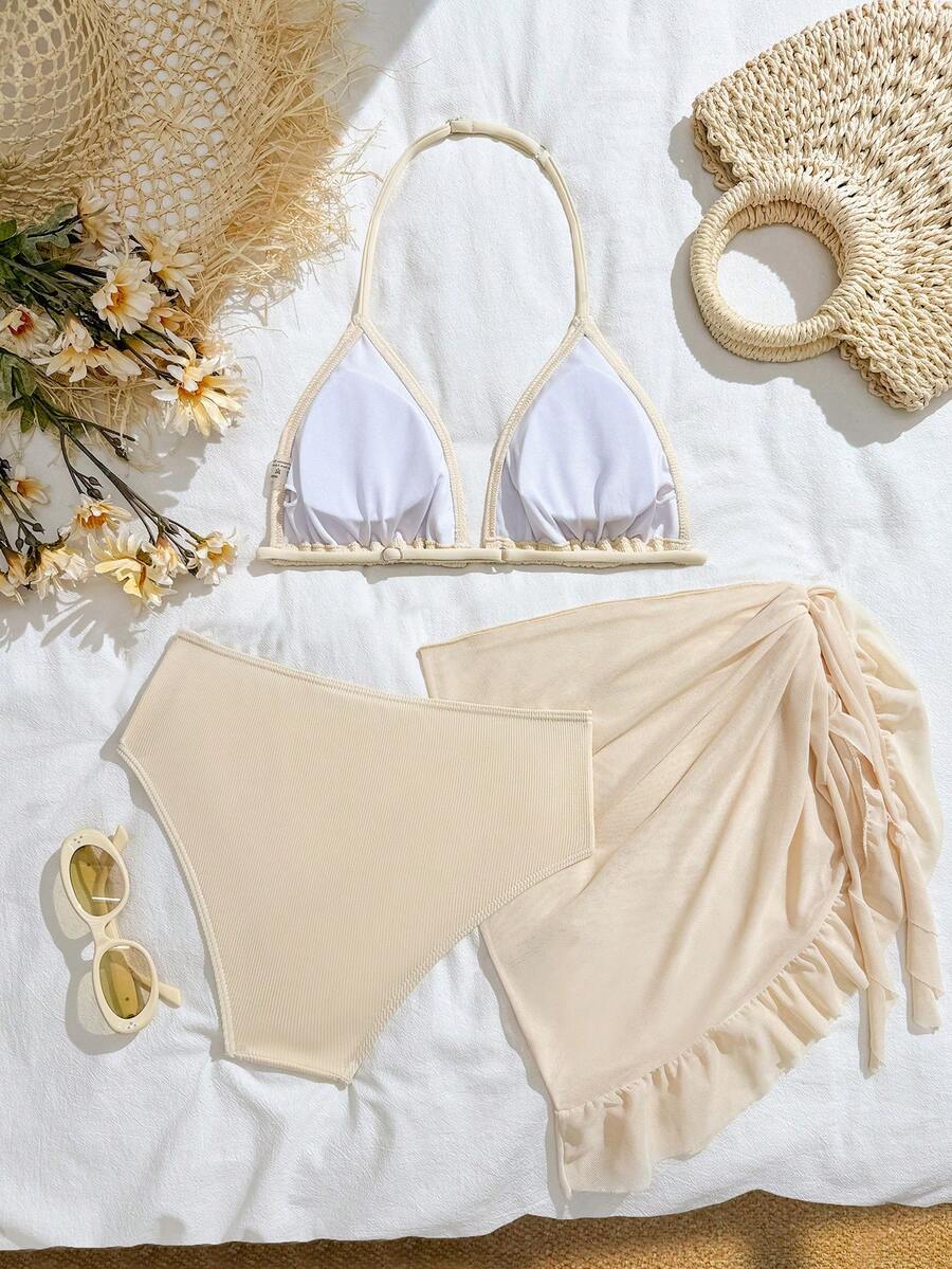 Sparklyn Teen Girl Apricot Contrast Ruffle Textured Fabric Bow Contrast Pink Ruffle Bow All-Over Print Camisole Top, Shorts, Apron 3-Piece Comfortable Outfits Swimwear Set Beach Outfits Vacation 2 Pieces Bikini With Skirt Modest Bikini Set Summer Clothes Bathing Suit Swimsuits Easter Swimsuit Vacation - Beige - View 1