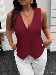 SHEIN Privé 大码女士优雅通勤高街网眼背心西装外套，适合正式场合，大码无袖背心西装外套，大码女式办公室服装背心，大码背心上衣，酒红色背心，适合曲线身材的女士背心，大码女式背心 - 酒紅色 - 查看 10