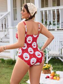 Swim Mod Plus Size Women's Cute Cherry Print Sweet & Casual One-Piece Swimsuit, Suitable For Daily Wear And Vacation - Multicolor - View 2