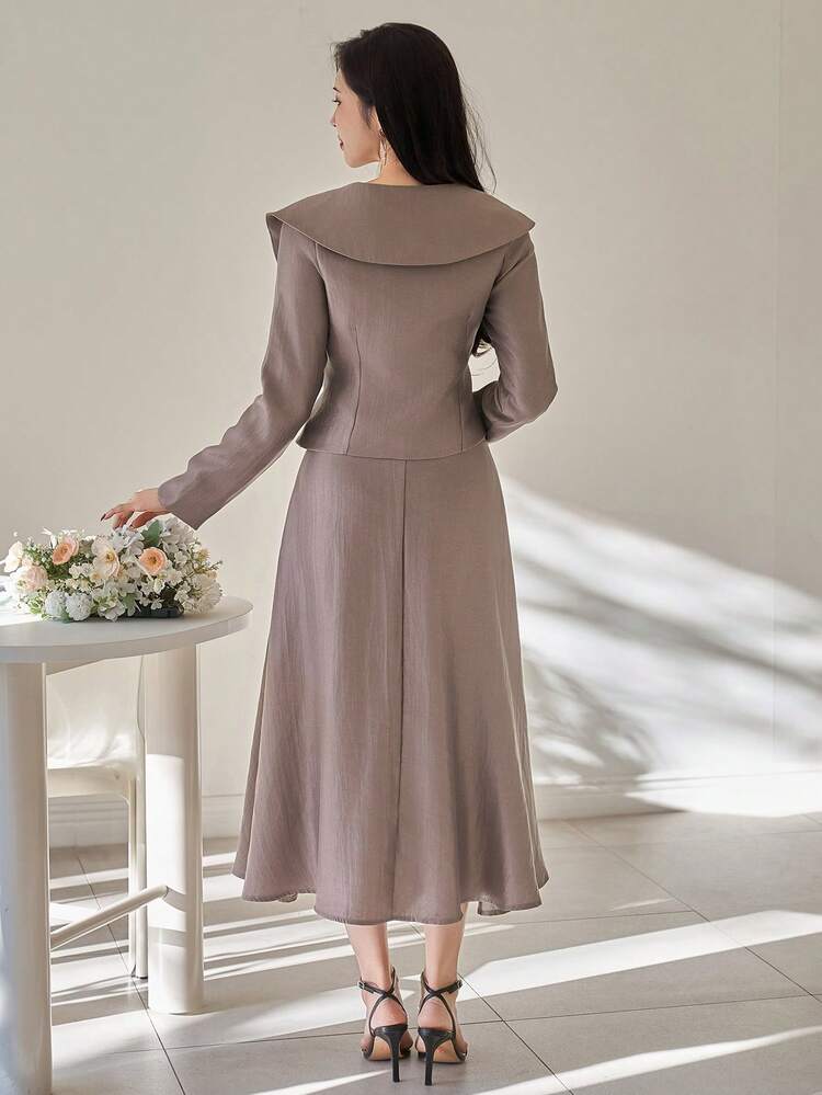 Women's Elegant Solid Color Lapel Oblique Collar Shirt & A-Line Skirt 2-Piece Set, Spring/Summer,Wedding Guest Dress Women
