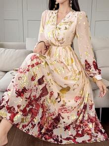 DAZY Đầm dài tay phồng cổ chữ V họa tiết hoa thanh lịch dành cho nữ, đầm maxi dự tiệc cưới mùa xuân/hè. - Đỏ - Xem 1