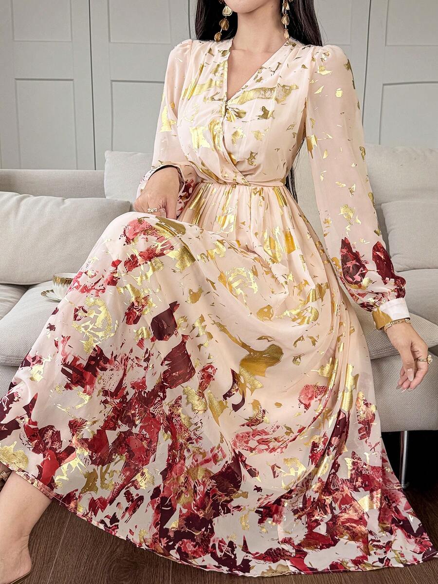 DAZY Đầm dài tay phồng cổ chữ V họa tiết hoa thanh lịch dành cho nữ, đầm maxi dự tiệc cưới mùa xuân/hè. - Đỏ - Xem 1