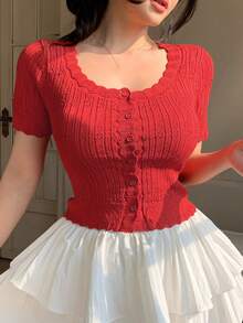 DAZY Women's Round Neck Single-Breasted Short Sleeve Fitted Fashionable Knit Cardigan - Red - View 4