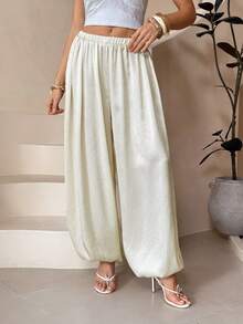 SHEIN Tall 2025 Women's Casual Apricot Satin Glossy Drawstring Waist Loose Pants, Suitable For Commuting, Partying, Going Out, Business Casual And Daily Wear - Apricot - View 4