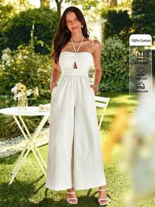 KARISMINA 女士时尚优雅休闲度假露背连体裤，露背设计，时尚休闲宽松版型，米色连体裤 - 白色 - 查看 1