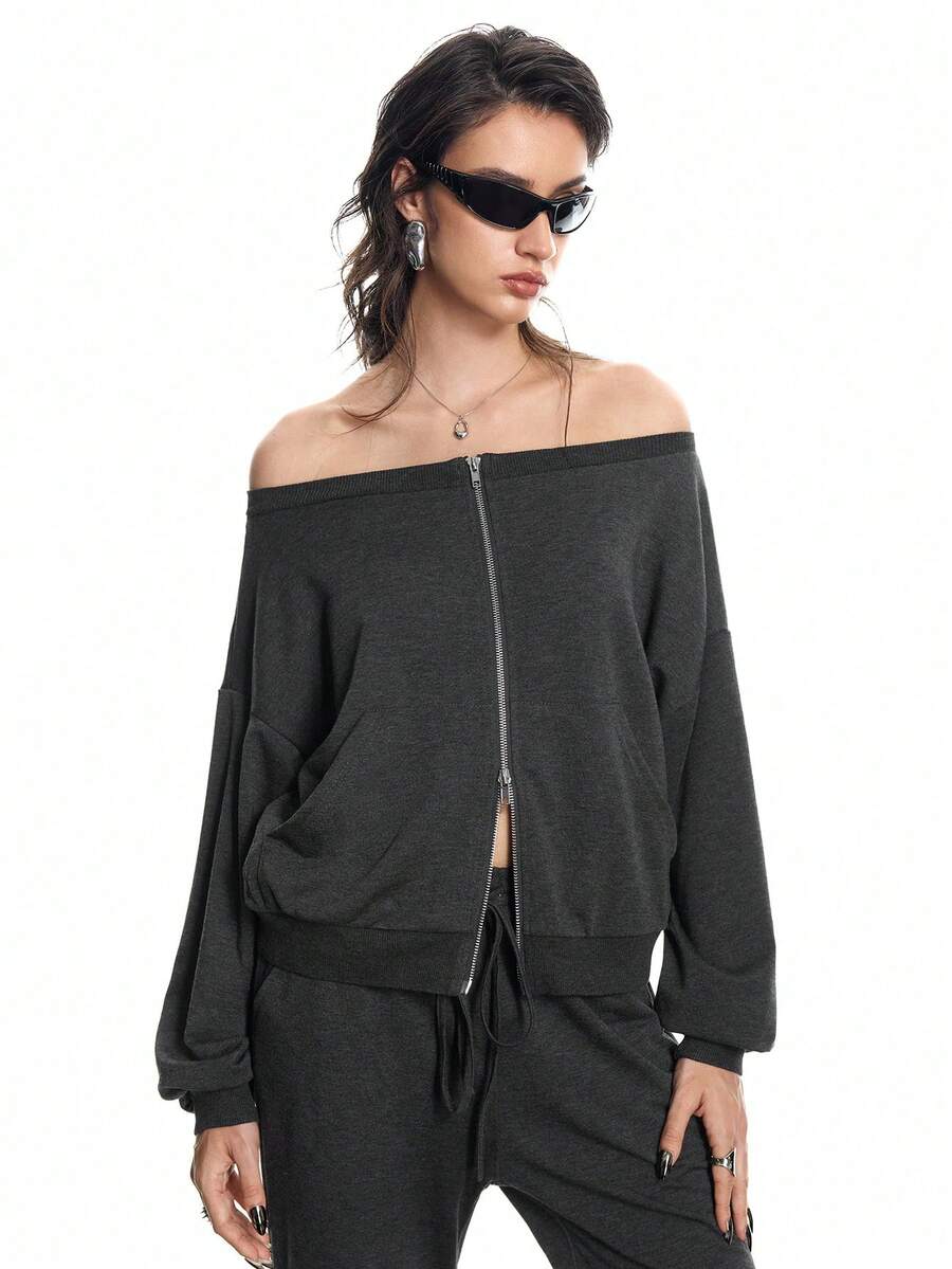 Airlisse 女士时尚派对夜店银色拉链卫衣，春秋季 - 深灰色 - 查看 1