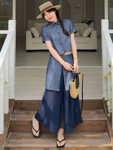 DAZY 女士领结短袖衬衫和迷你裙两件套 - 藍色 - 查看 5