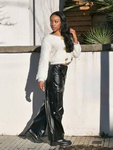 Yess Loren 女款 Rapper 基本款运动休闲皮革黑色工装裤