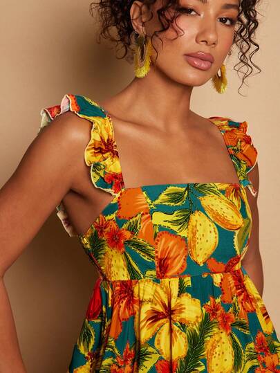 Travachic Vestido casual de mujer con estampado floral, cuello cuadrado y mangas cortas, atuendos de primavera y verano para vacaciones, vestido de verano, vestido de playa, atuendos de playa para mujer, atuendos de vacaciones para mujer, vestidos casuales para mujer