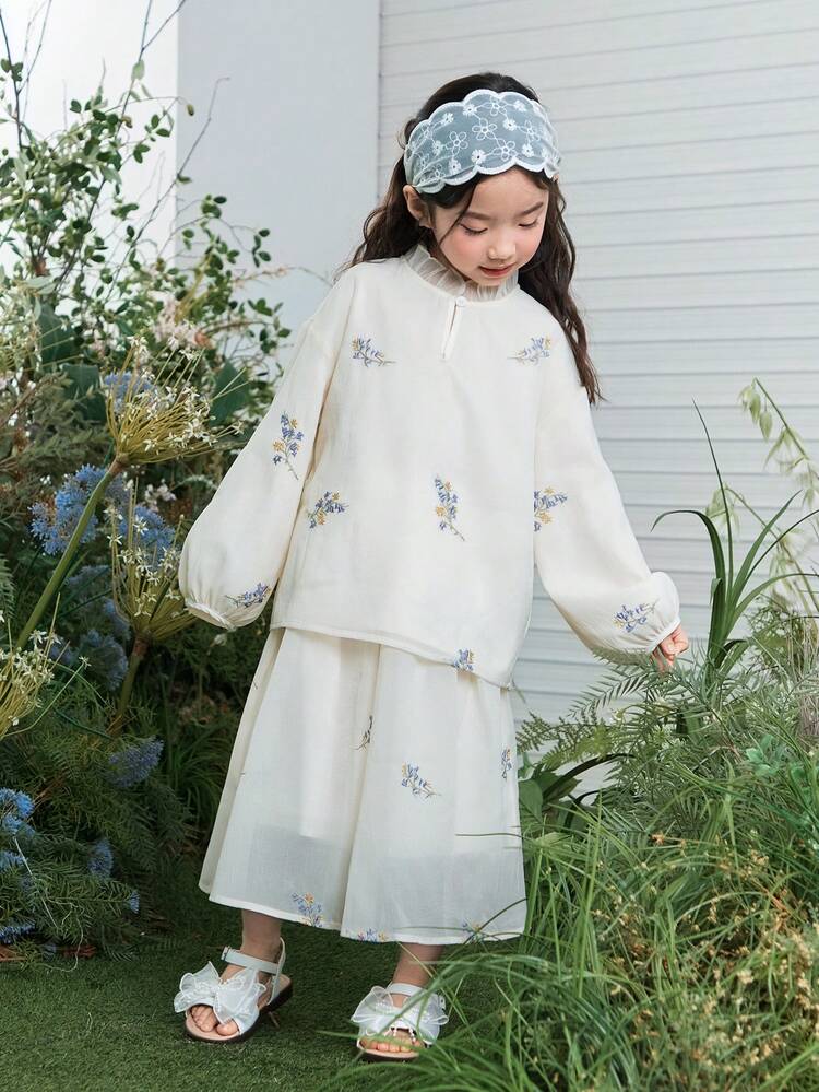 2pcs/Set Young Girls Floral Embroidery Korean Style Solid Color Long Sleeve Shirt And Mini Skirt