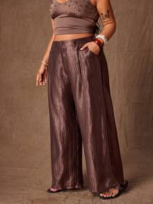 Rustia Quần ống rộng nữ cỡ lớn màu trơn, kiểu dáng cổ điển, sinh viên, đa năng, lãng mạn, dễ thương, cài nút, khóa kéo phía trước, xếp ly, cạp chun, dáng rộng, thoải mái, phù hợp cho công sở và đi làm vào mùa xuân, hè, thu. - màu nâu - Xem 4