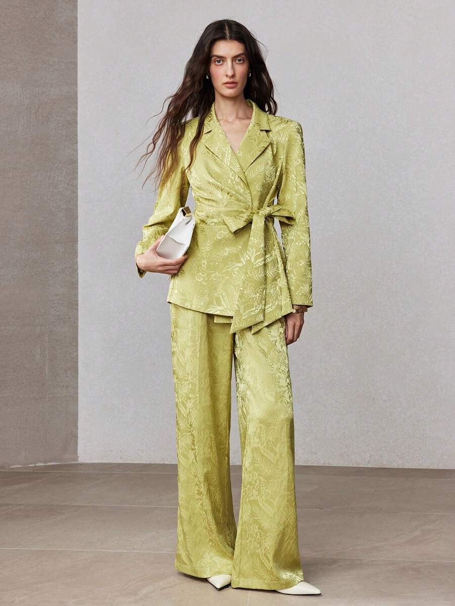 ZEYLAH Elegant Commuter Jacquard Wide-Leg Suit Pants, Spring - Green - View 1