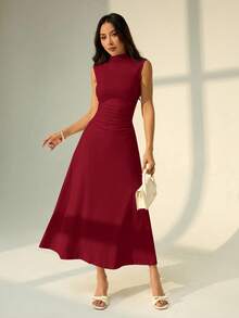 SHEIN PETITE Đầm maxi dáng chữ A không tay cổ đứng màu trắng mới, thanh lịch, thích hợp cho ngày Valentine, trang phục hẹn hò và công sở lãng mạn, đầm hè cho nữ. - Đỏ - Xem 4