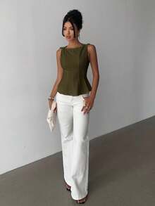 Aloruh 女士优雅无袖通勤衬衫，简约设计 - 軍綠色 - 查看 3