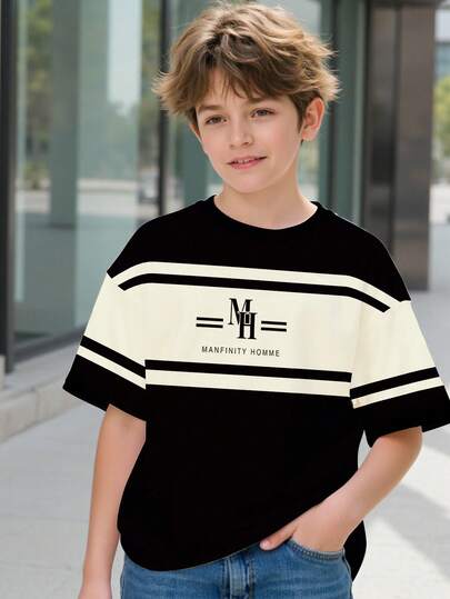 男童春夏休闲时尚创意个性清新高端简约MH条纹黑米色图案字母标语印花舒适基础款短款T恤，温暖的夏秋款式，适合春、夏、秋季穿着。