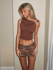 Sydney Algeri 新款休闲度假西部海滩婚礼宾客服装，毕业早午餐，圣帕特里克节，春假，复活节，音乐节，优雅波西米亚热带毛绒纹理棕色针织不对称肩部花卉露背 2 件套女士 - 棕色 - 查看 4