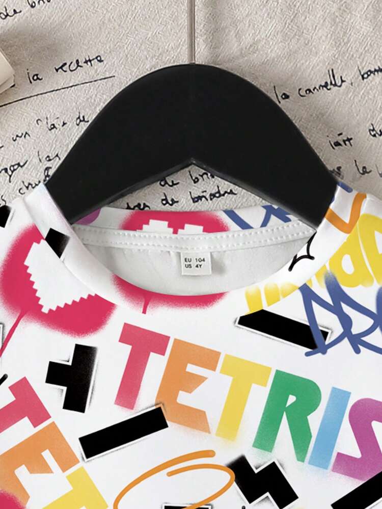 Tetris™ X SHEIN 女童字母爱心图案圆领短袖T恤 - 白色 - 查看 5
