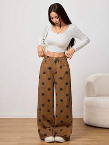 SHEIN PETITE Women's Casual Polka Dot Print Low Waist Loose Wide Leg Pants, Suitable For Daily Commute - Khaki - View 2