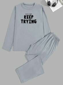 EURMUSE Men's Casual Comfortable Printed Long Sleeve T-Shirt And Pants Pajama Set - Grey - View 1