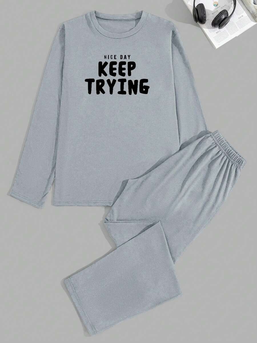 EURMUSE Men's Casual Comfortable Printed Long Sleeve T-Shirt And Pants Pajama Set - Grey - View 1