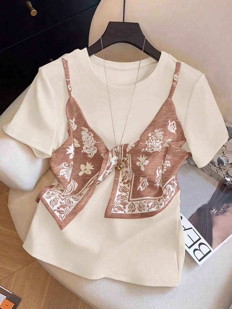 GlowEve Women's Ribbon Decor Sleeveless 2 In 1 Beach Vacation T-Shirt - Multicolor - View 1