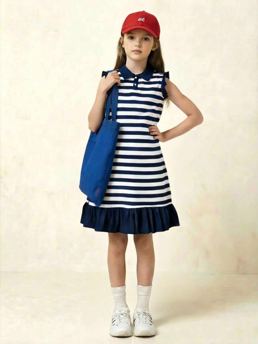 Casuvi Kids 1pc Girls' Fresh School Style Blue & White Striped Polo Collar Dress (Flutter Sleeves + Ruffle Hem Design), Regular Thickness, Casual, Summer - Black and White - View 1