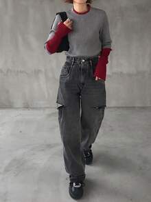 FRIFUL Áo len nữ cổ cao, tay dài, dáng rộng, phối màu tương phản, thích hợp mặc mùa thu. - Xám - Xem 2