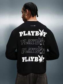PLAYBOY X SUMWON 男士长袖圆领T恤，饰有Logo图案，复古风格休闲街头风上衣，适合秋冬季叠穿 - 黑色 - 查看 5