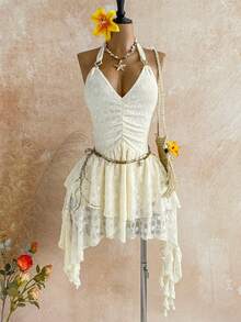 Soleia 浪漫度假风露背针织网纱蓝色印花连衣裙（女款） - 杏色 - 查看 8