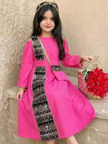 SHEIN Robe à manches longues col rond ample pour préadolescentes avec accessoires - Rose vif - Voir 5