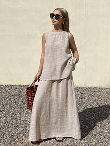 DAZY Spring/Summer Elegant Casual Vacation Beach Sleeveless Top And Skirt Set, Romantic, Wedding, Commute, Old Money Style For Women Lounge Sets For Women - Khaki - View 3
