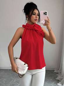 Balvessa Women's Solid Color Ruffle Pleated Halter Neck Blouse, Intellectual And Elegant - Red - View 7