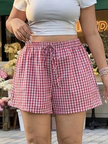SHEIN EZwear Plus Size Women Waist Tie Plaid Loose Casual Shorts