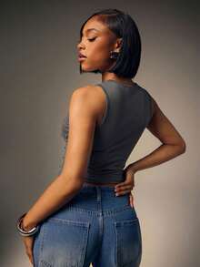 Denimoi Studded Round Neck Fashionable Sleeveless Top - Grey - View 5