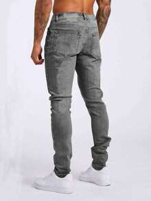 ROMWE MEN Street Life Spring Casual Graphic Men'S Solid Color Pleated Slant Pocket Skinny Jeans - Grey - View 2