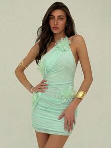 Aloruh Robe d'été courte pour femme, robe ajustée en maille de couleur vert jade macaron élégante avec décoration florale 3D faite à la main. Convient pour les vacances à la plage, le style bohème, les festivals de musique, les anniversaires, le thé de l'après-midi - Vert menthe - Voir 4