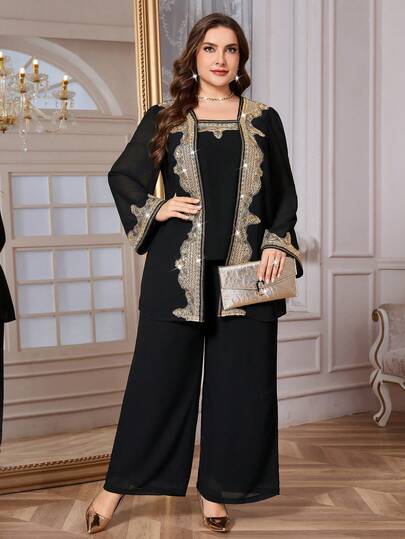 SHEIN Clasi Plus Size Women 2 Pieces Set, Elegant Purple Rhinestone Decor 2 Pieces Outfit, Suitable For Party, Autumn/Winter