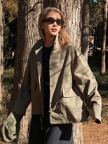 Livesso Women's Loose Fit High Neck Regular Jacket - Khaki - View 3