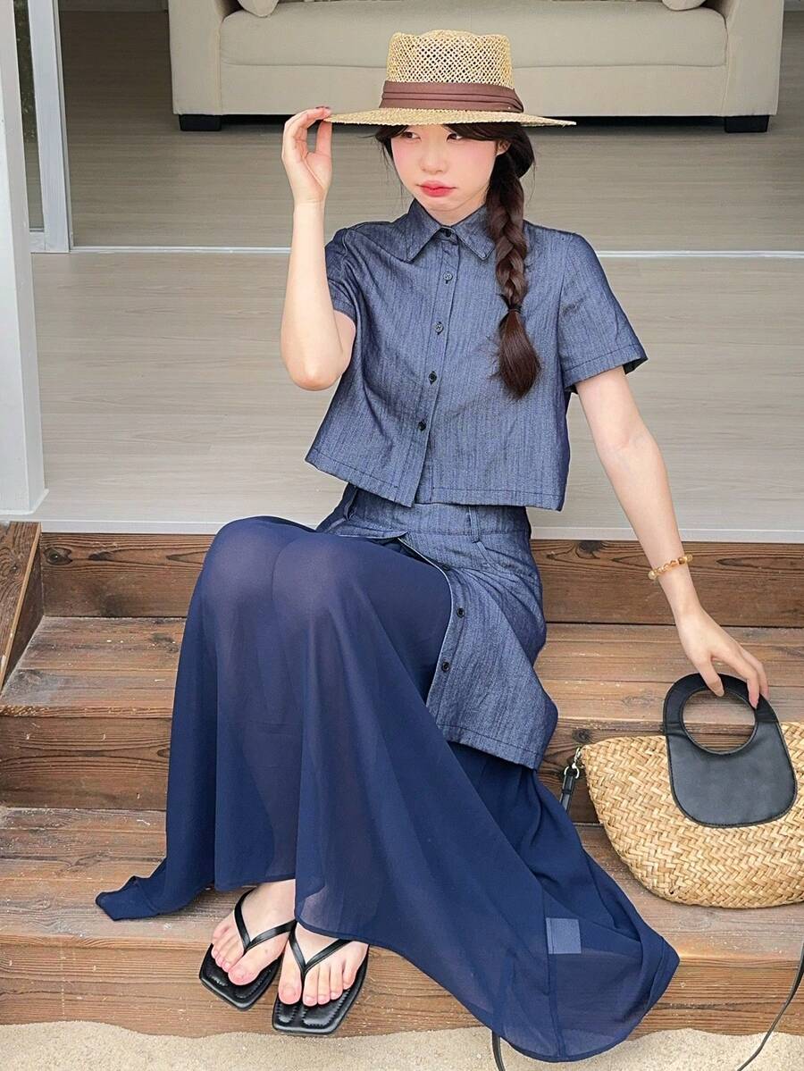 DAZY Women's Collared Bow Tie Short Sleeve Shirt & Mini Skirt 2-Piece Set - Blue - View 1