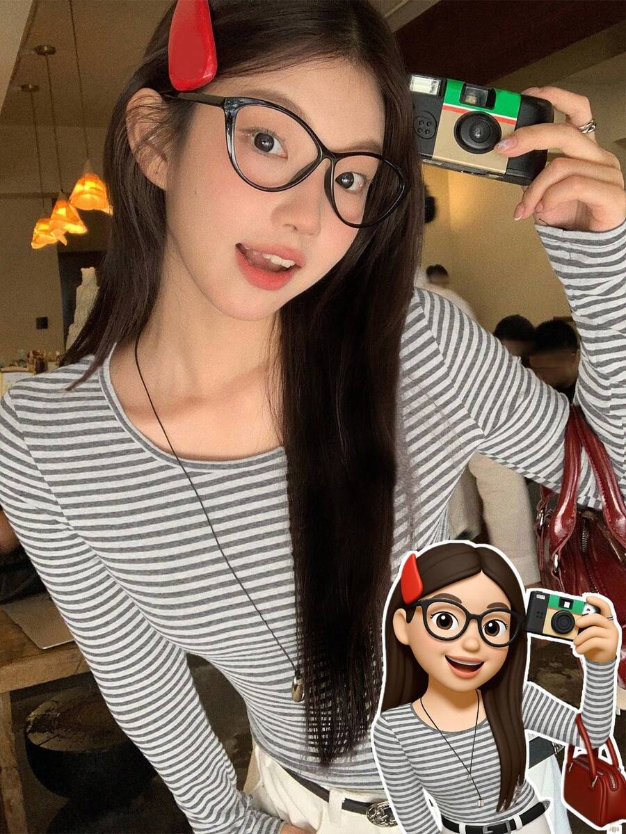 DAZY 女士圆领条纹韩版休闲长袖T恤，春秋季 - 淺灰色 - 查看 1