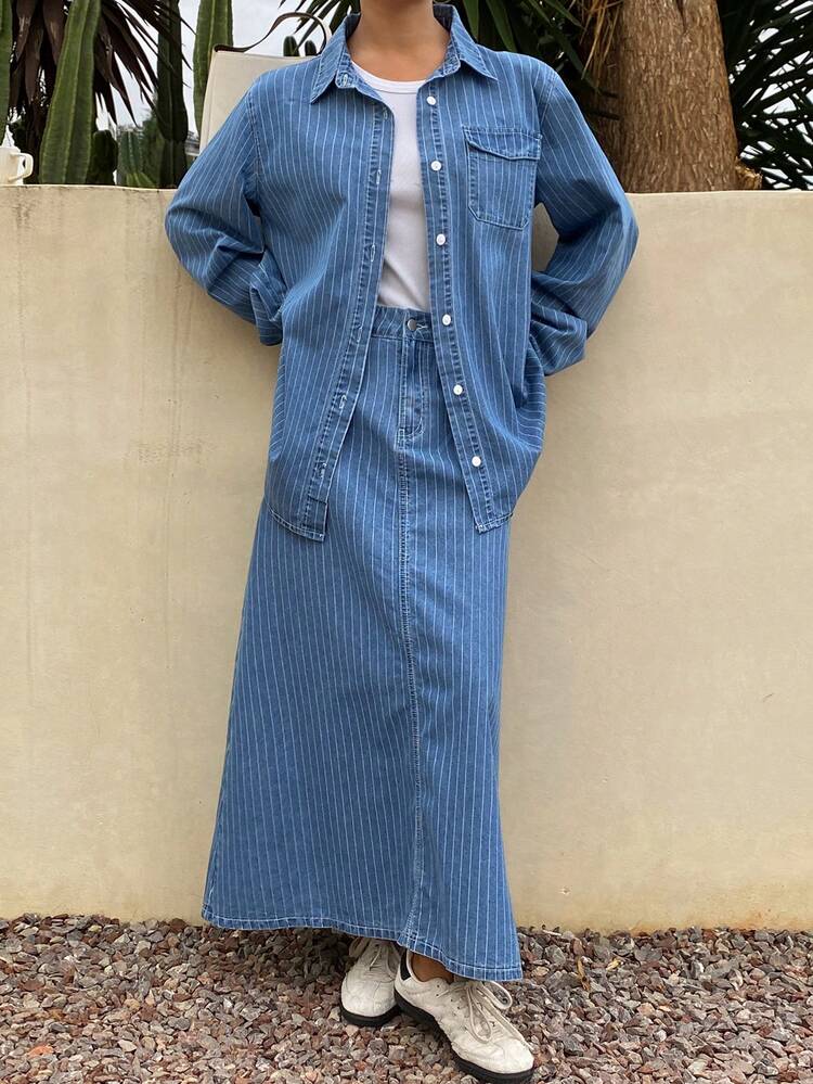 Women's Casual Striped Pocket Shirt And Denim Skirt 2-Piece Suit, Spring/Summer