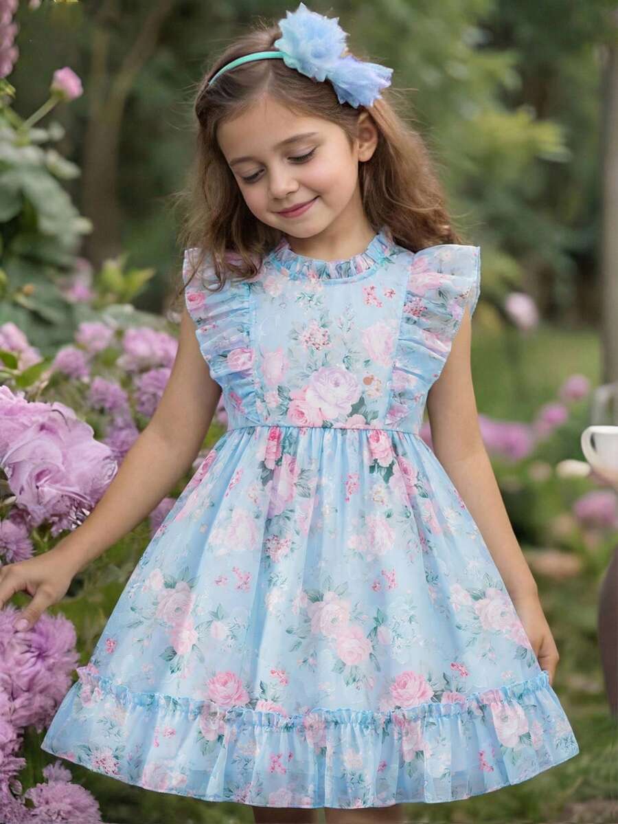 Elladie kids Đầm không tay in hoa hồng, dáng phồng, khóa kéo sau lưng, thanh lịch, đa năng, ngọt ngào và dễ thương kiểu công chúa cho bé gái 2-5 tuổi. Thích hợp mặc hàng ngày. - Màu xanh lam - Xem 1