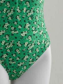 Elamini 女士夏季沙滩度假花卉波点印花镂空前后系带连体泳衣 - 綠色 - 查看 6