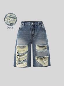 SHEIN Sparklyn Teen GirlGirl's Fashion Y2K Style Black & Grey Distressed Rhinestone Embellished Denim Capri Shorts - Medium Wash - View 6